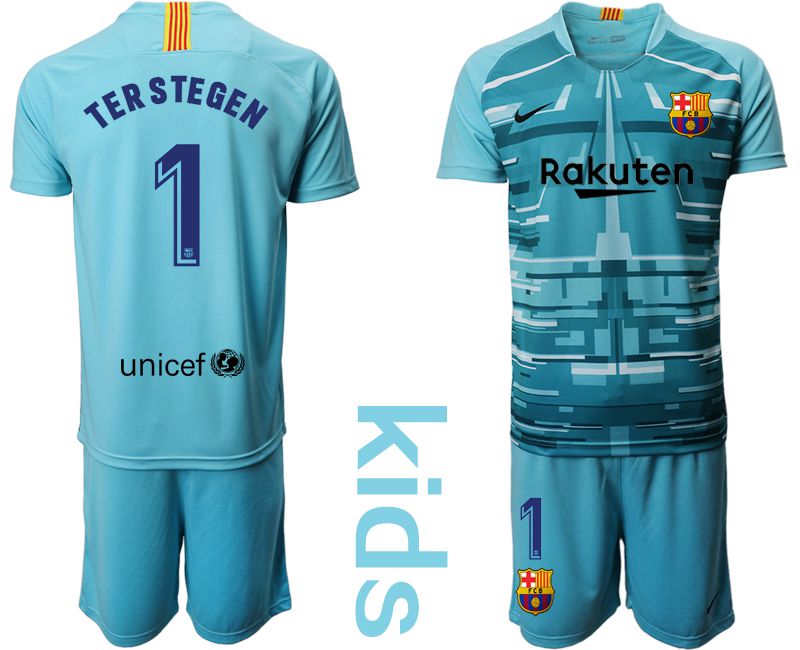 Youth 2019-2020 club Barcelona lake blue goalkeeper #1 Soccer Jerseys